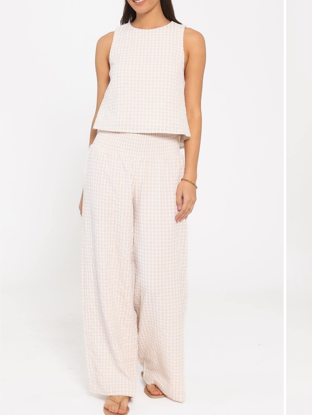 Petal & Pup Cream Gingham Set with Wide-Leg Pants
